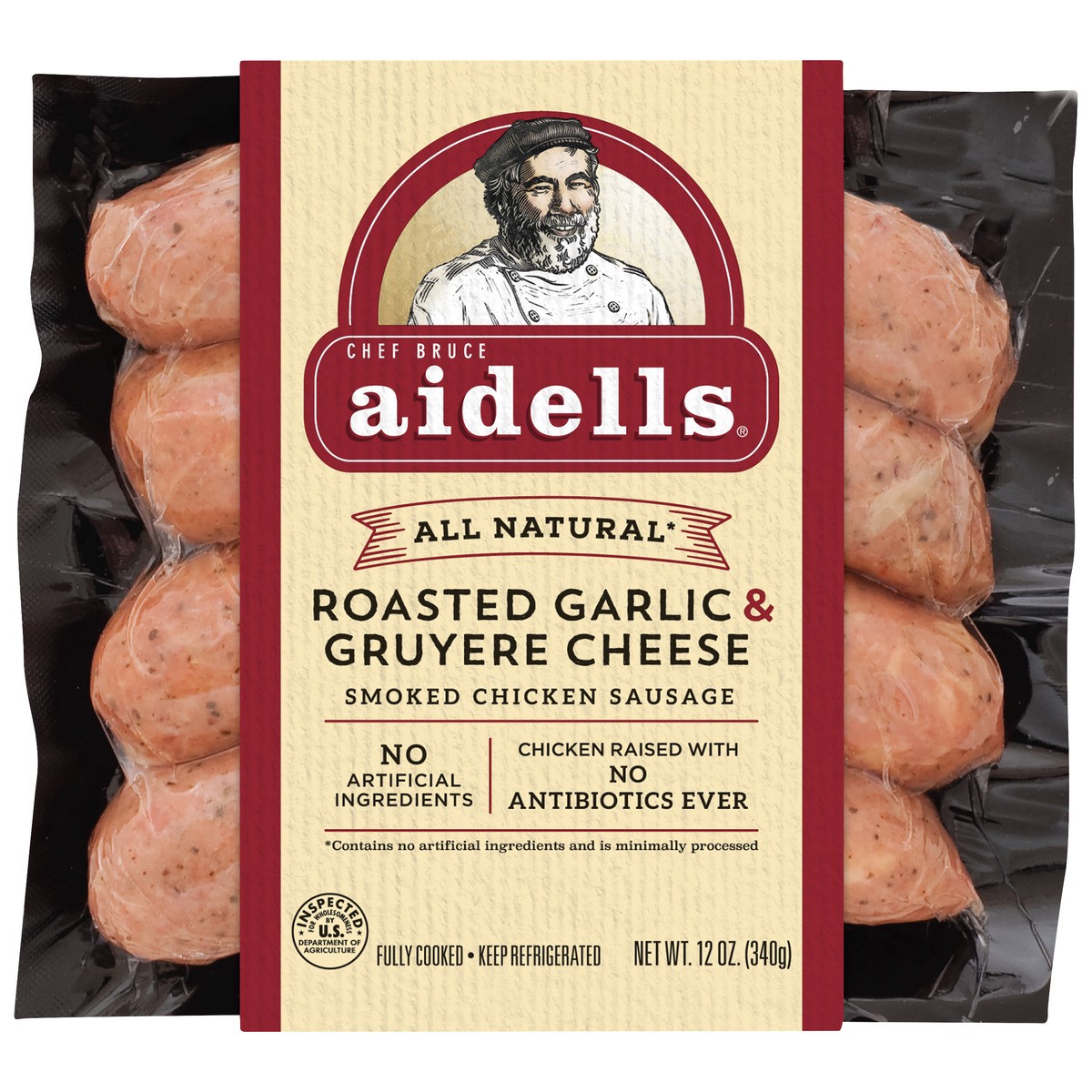 slide 1 of 7, Aidells Smoked Chicken Sausage, Roasted Garlic & Gruyere Cheese, 12 oz. (4 Fully Cooked Links), 340.19 g