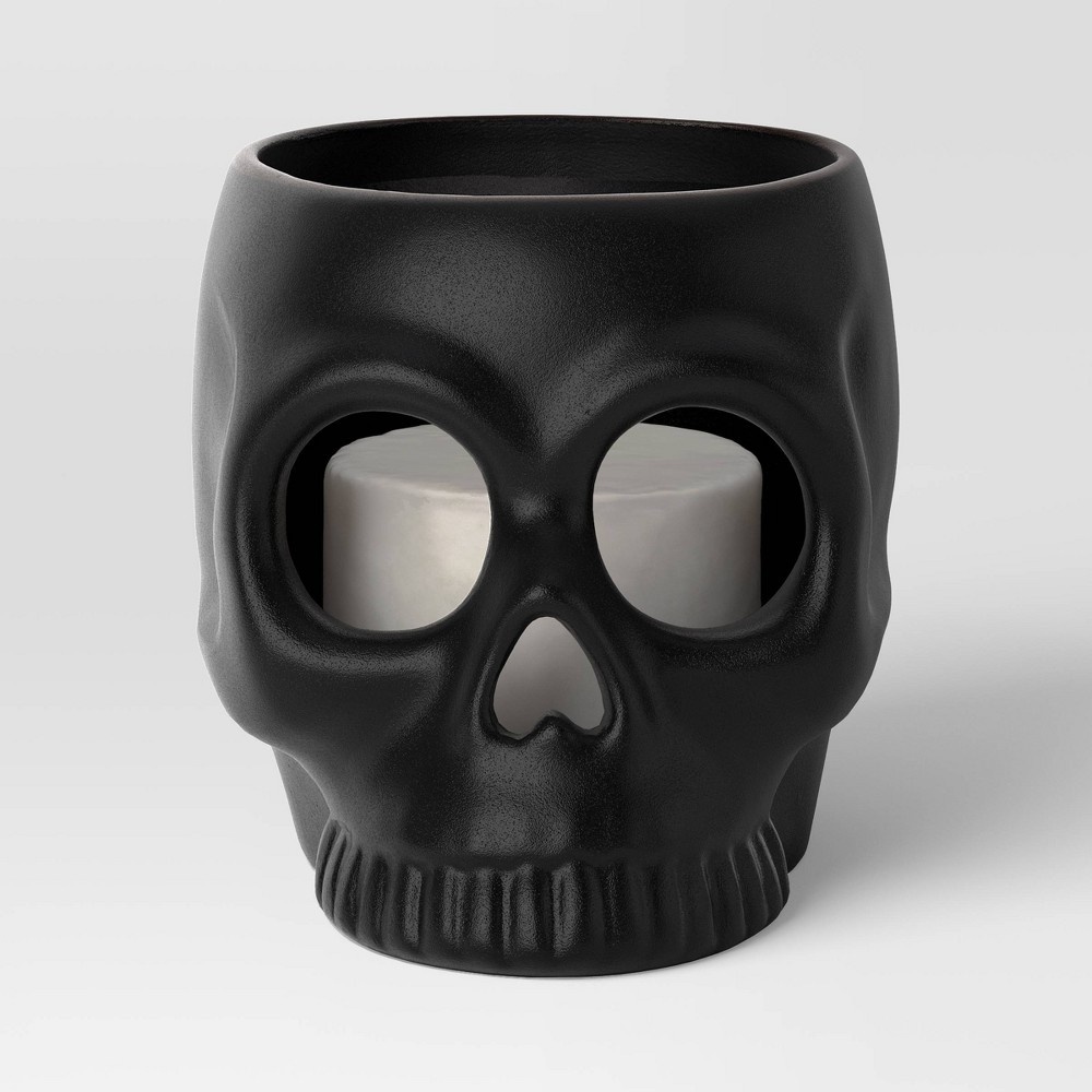 slide 4 of 4, Medium Ceramic Stoneware Skull Candle Holder with Reactive Glaze Black - Threshold, 1 ct