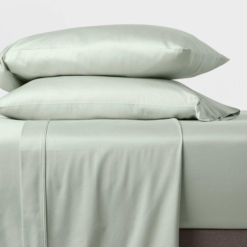 slide 2 of 4, Queen Solid Performance 400 Thread Count Sheet Set Silver Green - Threshold™: Cotton Sateen, Wrinkle-Resistant, OEKO-TEX Certified, 1 ct