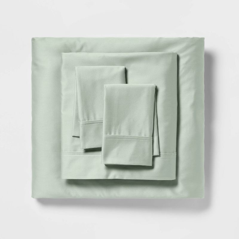 slide 1 of 4, Queen Solid Performance 400 Thread Count Sheet Set Silver Green - Threshold™: Cotton Sateen, Wrinkle-Resistant, OEKO-TEX Certified, 1 ct