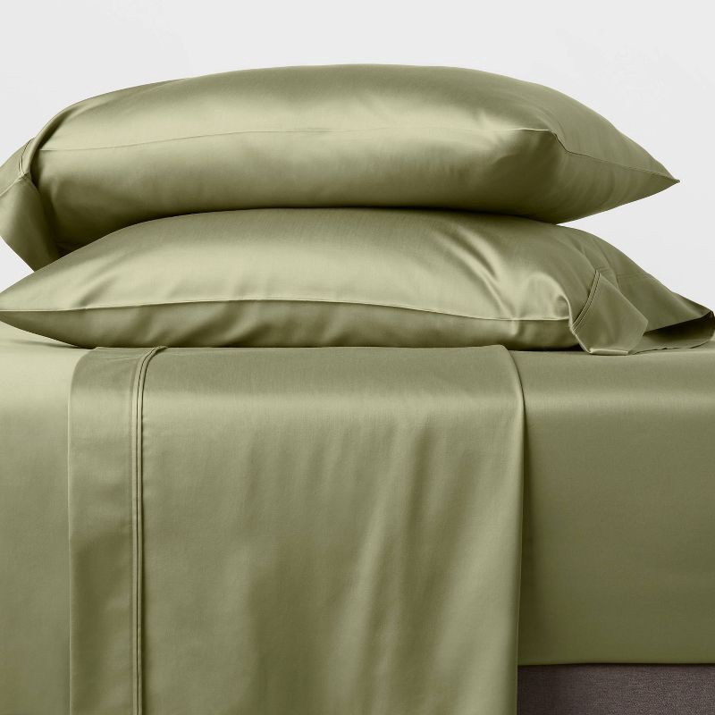 slide 2 of 4, Queen Solid Performance 400 Thread Count Sheet Set Green - Threshold™: Cotton Sateen, Wrinkle-Resistant, Fits 18" Mattress, 1 ct