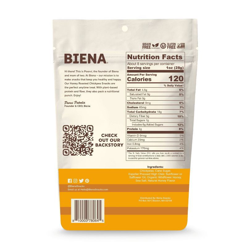 slide 2 of 3, Biena Chickpea Snacks Honey Roasted - 8oz, 8 oz