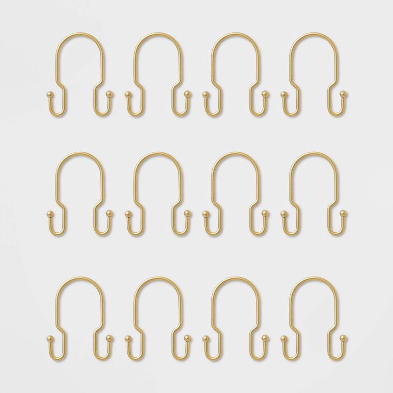 slide 3 of 3, Metal Double Shower Hooks Brass - Room Essentials™: Iron Construction, Powder-Coated Finish, Set of 12 Curtain Rings, 1 ct