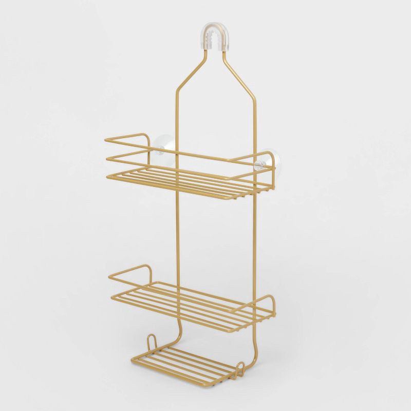 slide 3 of 3, Metal Over The Shower Storage Brass - Room Essentials™: Bathroom Organizer, Gold Tone, 20" High, 10" Long, 1 ct
