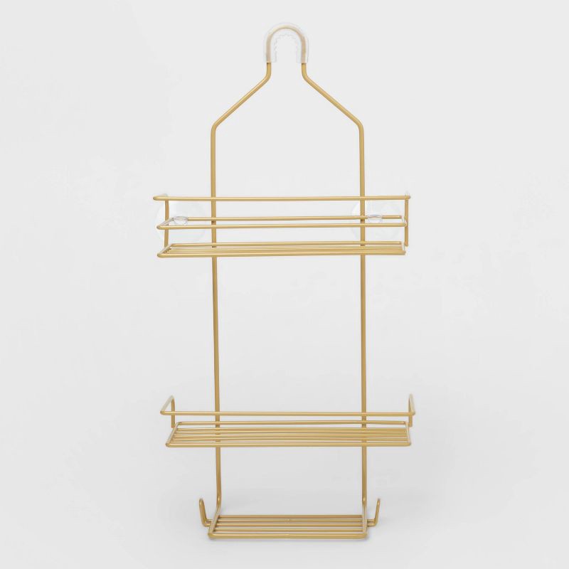 slide 1 of 3, Metal Over The Shower Storage Brass - Room Essentials™: Bathroom Organizer, Gold Tone, 20" High, 10" Long, 1 ct