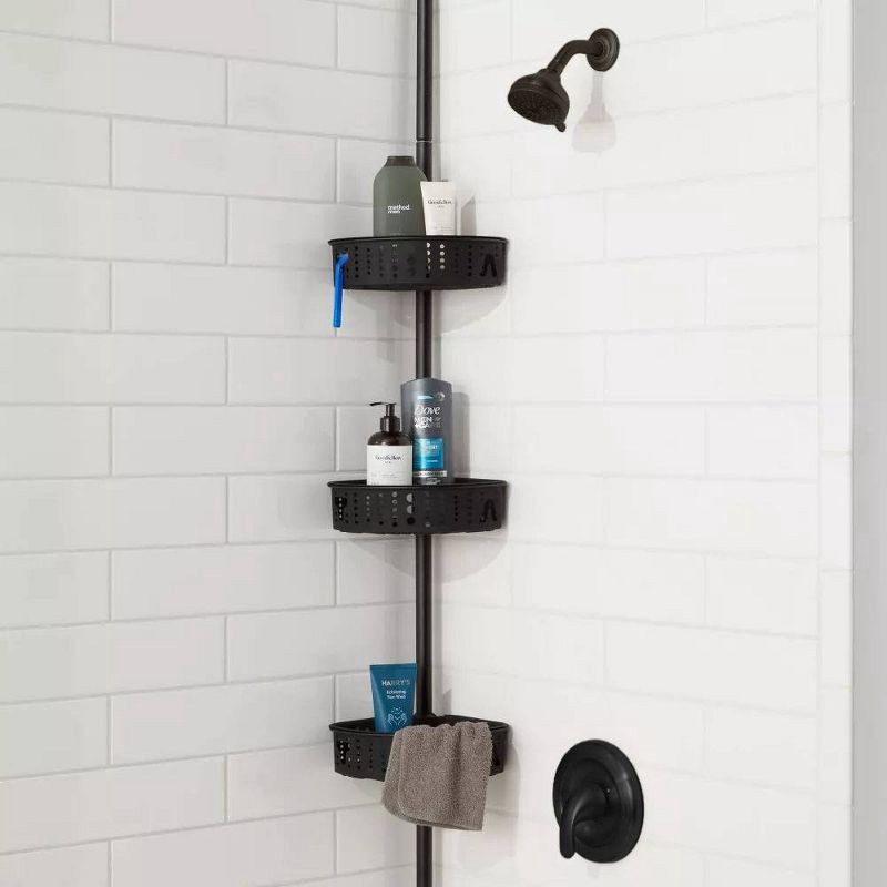 slide 2 of 4, Steel Corner Tension Pole Caddy Matte Black - Room Essentials™: Adjustable Bathroom Organizer, Rust-Resistant Shower Shelf, 1 ct