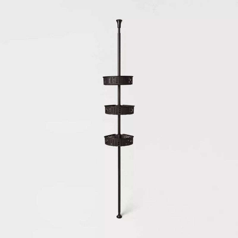 slide 1 of 4, Steel Corner Tension Pole Caddy Matte Black - Room Essentials™: Adjustable Bathroom Organizer, Rust-Resistant Shower Shelf, 1 ct