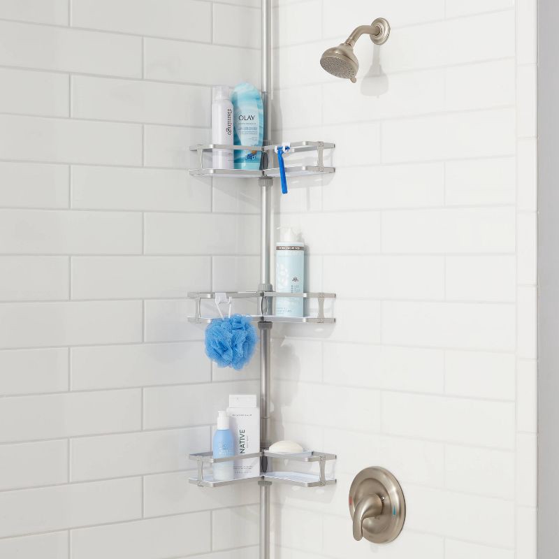 slide 2 of 5, Aluminum Corner Tension Pole Caddy Gray - Threshold™: Bath Organizer with Adjustable Shelves, 1 ct