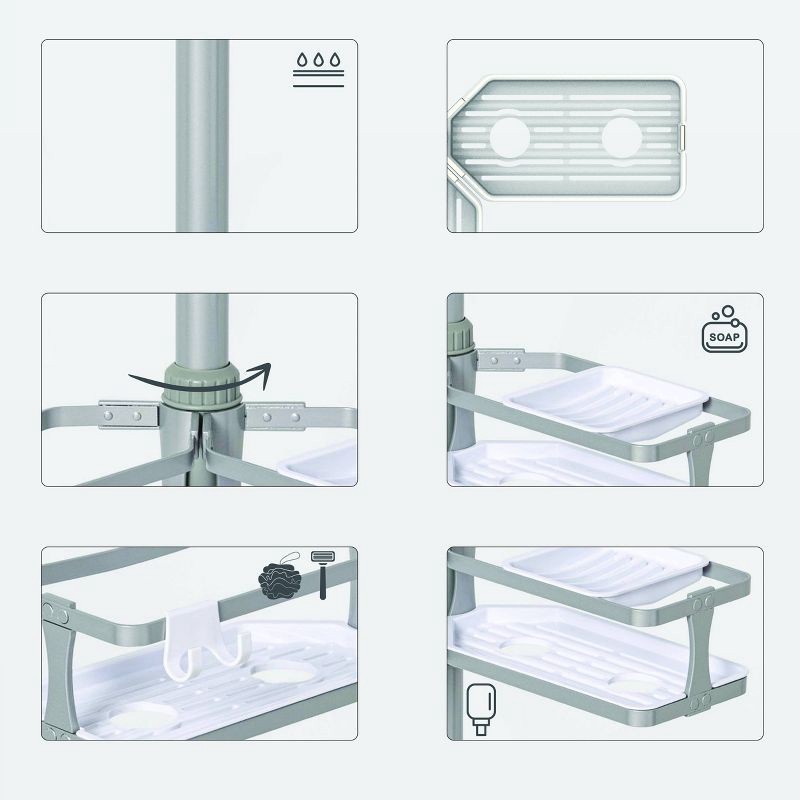 slide 4 of 5, Aluminum Corner Tension Pole Caddy Gray - Threshold™: Bath Organizer with Adjustable Shelves, 1 ct