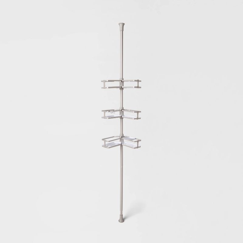 slide 1 of 5, Aluminum Corner Tension Pole Caddy Gray - Threshold™: Bath Organizer with Adjustable Shelves, 1 ct