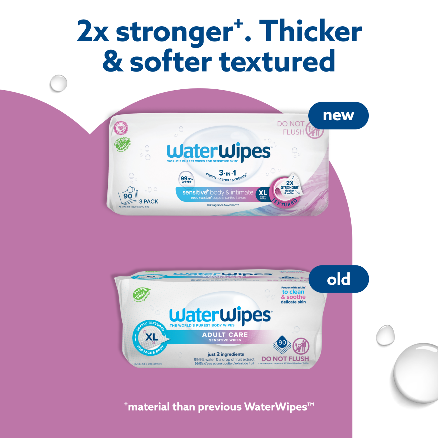 slide 6 of 8, WaterWipes Sensitive+ Body & Intimate Wipes, 3-In-1 Cleans, Cares, Protects, 99.9% Water, Unscented & Hypoallergenic Hygiene Wet Wipes, Adult Care, 90 Wipes (3 Packs), 90 ct