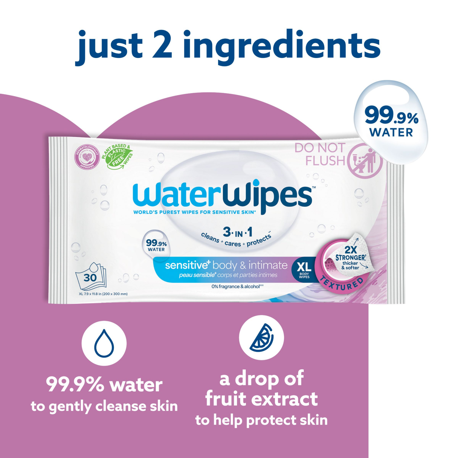 slide 7 of 8, WaterWipes Sensitive+ Body & Intimate Wipes, 3-In-1 Cleans, Cares, Protects, 99.9% Water, Unscented & Hypoallergenic Hygiene Wet Wipes, Adult Care, 90 Wipes (3 Packs), 90 ct