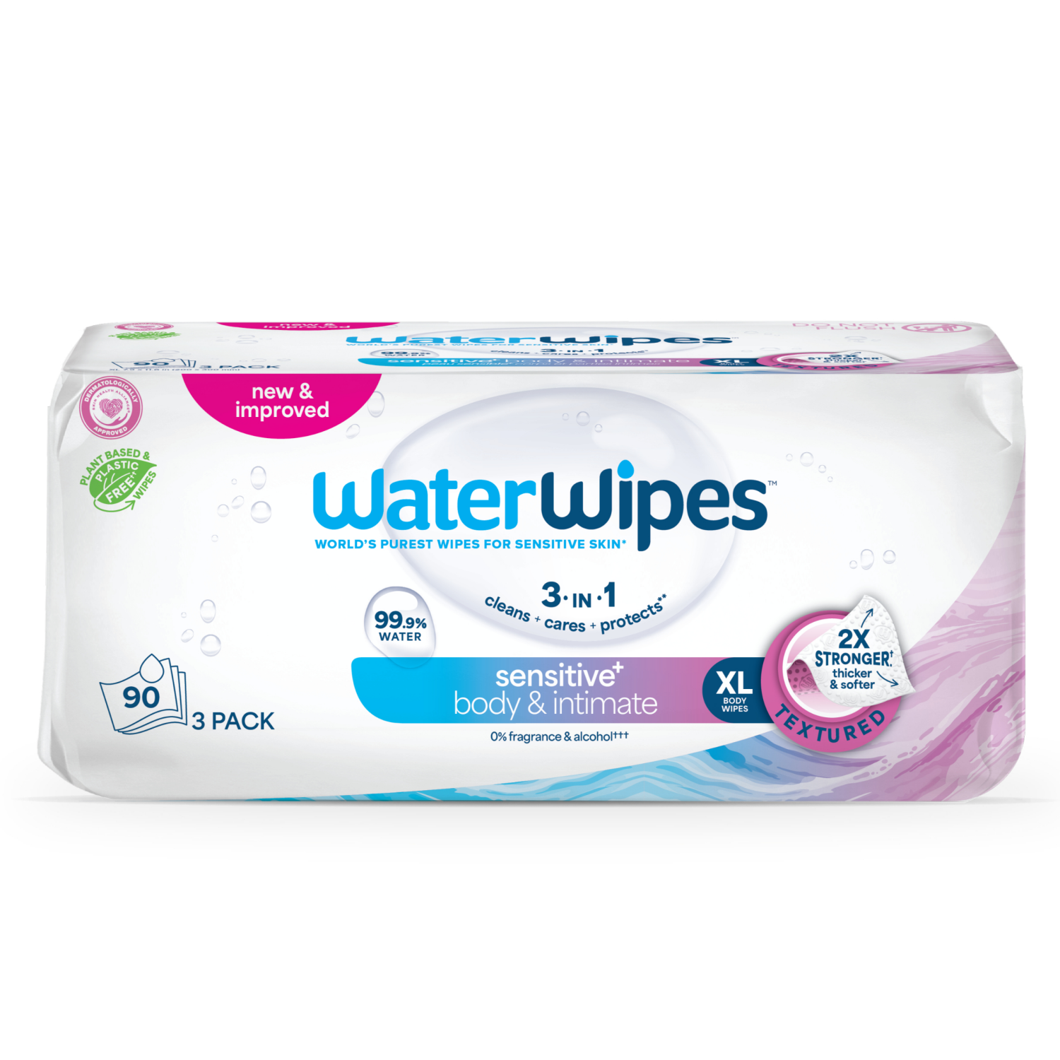 slide 1 of 8, WaterWipes Sensitive+ Body & Intimate Wipes, 3-In-1 Cleans, Cares, Protects, 99.9% Water, Unscented & Hypoallergenic Hygiene Wet Wipes, Adult Care, 90 Wipes (3 Packs), 90 ct