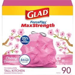 Glad ForceFlex MaxStrength Tall Kitchen Drawstring Pink Trash Bags - Cherry Blossom - 13gal/90ct