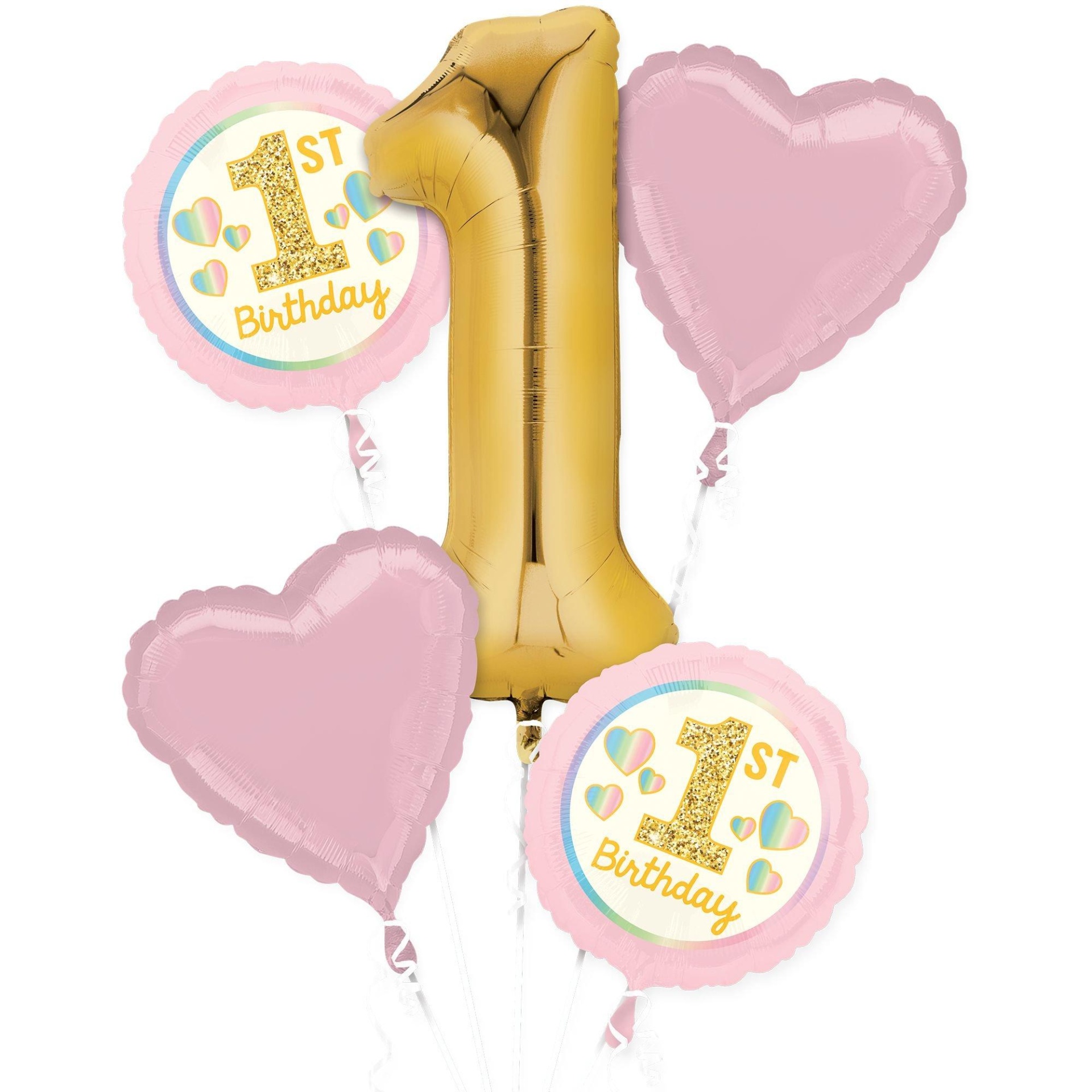 slide 1 of 1, Party City Metallic Gold & Pink 1st Birthday (Uninflated) Balloon Bouquet, 5 ct