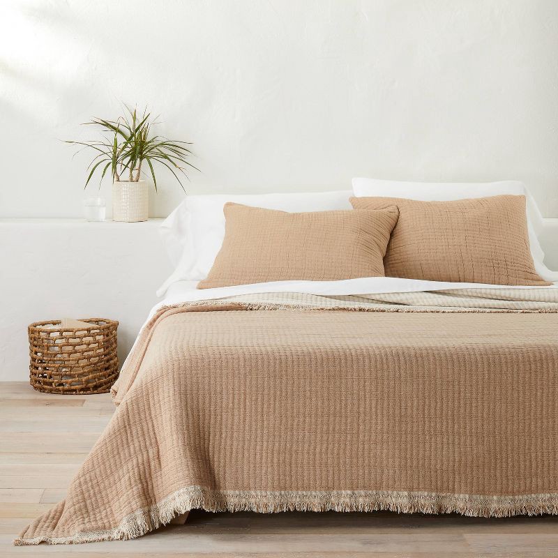 slide 2 of 4, Full/Queen Reversible Textured Cotton Chambray Coverlet Natural/Warm Brown - Casaluna™: Midweight, Jacquard Weave, OEKO-TEX Certified, 1 ct