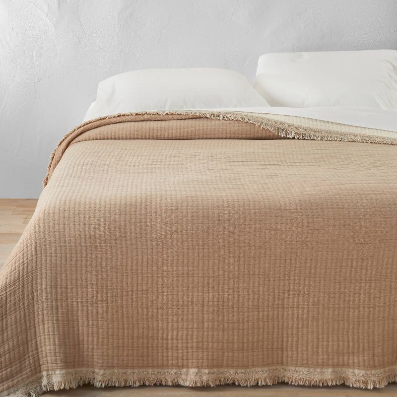 slide 1 of 4, Full/Queen Reversible Textured Cotton Chambray Coverlet Natural/Warm Brown - Casaluna™: Midweight, Jacquard Weave, OEKO-TEX Certified, 1 ct