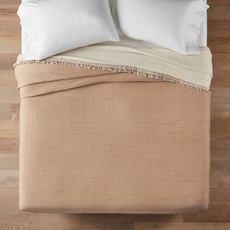 slide 3 of 4, Full/Queen Reversible Textured Cotton Chambray Coverlet Natural/Warm Brown - Casaluna™, 1 ct