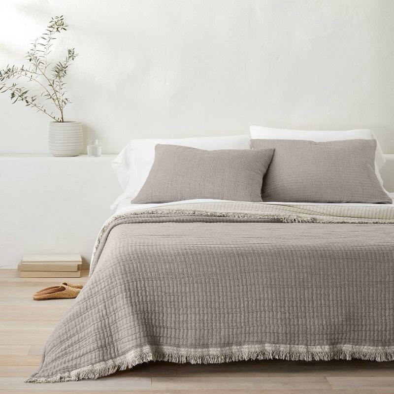 slide 2 of 4, Full/Queen Reversible Textured Cotton Chambray Coverlet Dark Gray/White - Casaluna™: Midweight, Jacquard Weave, OEKO-TEX Certified, 1 ct