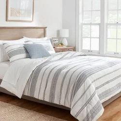 Full/Queen Cotton Woven Stripe Comforter & Sham Set White/Navy - Threshold™: OEKO-TEX Certified, Zipper Closure