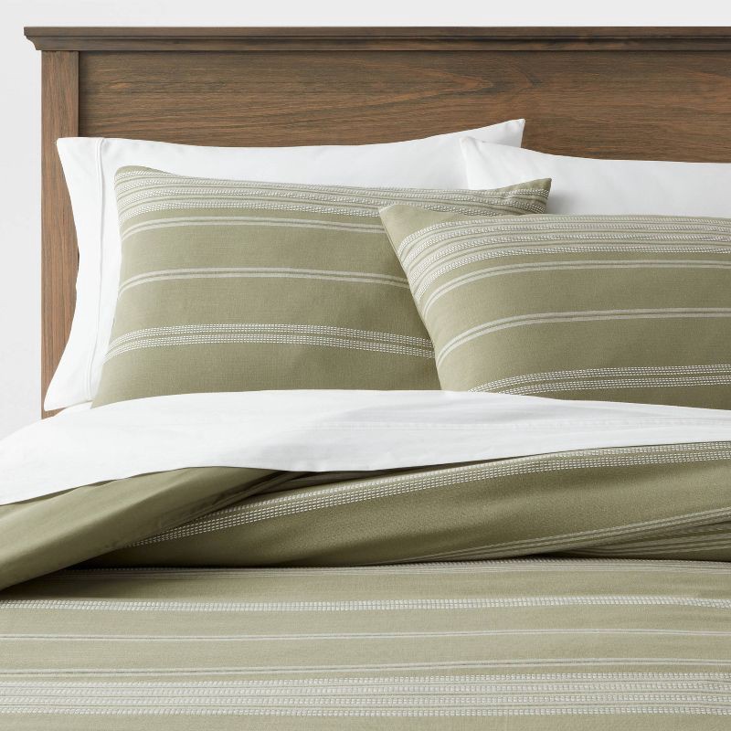 slide 2 of 5, Full/Queen Cotton Woven Stripe Duvet Cover & Sham Set Moss Green/White - Threshold™: OEKO-TEX Certified, Lightweight Fabric, 1 ct