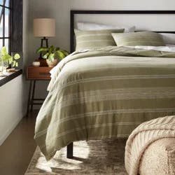 Full/Queen Cotton Woven Stripe Duvet Cover & Sham Set Moss Green/White - Threshold™: OEKO-TEX Certified, Lightweight Fabric