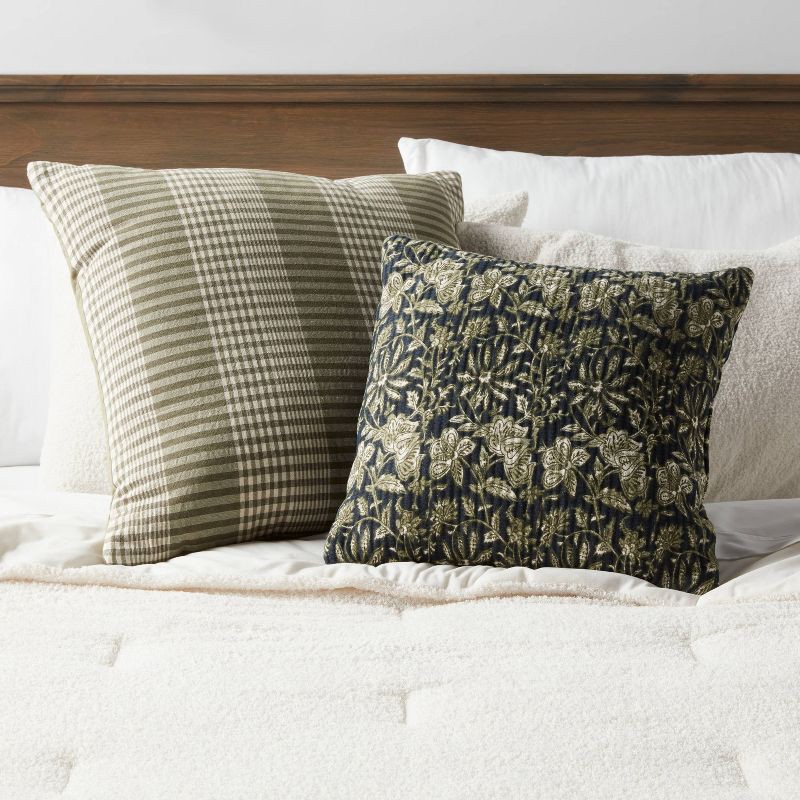 slide 2 of 4, Square Double Cloth Printed Decorative Throw Pillow Navy/Green/Cream - Threshold™: Cotton Fabric, Botanical Pattern, Indoor Use, 1 ct