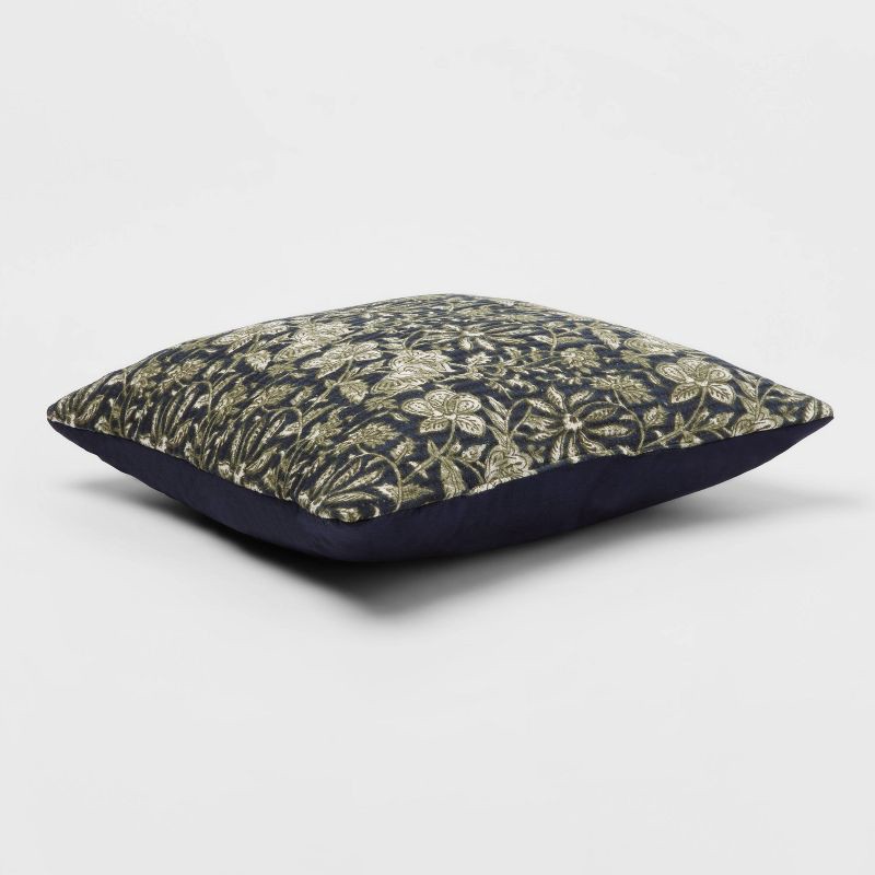 slide 3 of 4, Square Double Cloth Printed Decorative Throw Pillow Navy/Green/Cream - Threshold™: Cotton Fabric, Botanical Pattern, Indoor Use, 1 ct