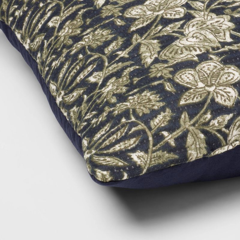 slide 4 of 4, Square Double Cloth Printed Decorative Throw Pillow Navy/Green/Cream - Threshold™: Cotton Fabric, Botanical Pattern, Indoor Use, 1 ct