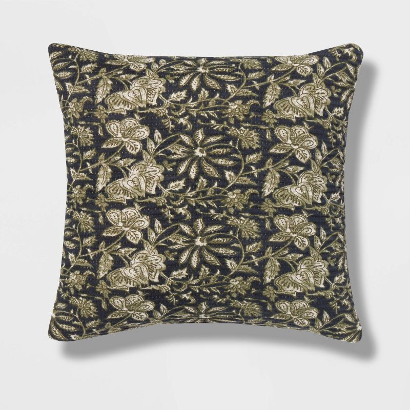slide 1 of 4, Square Double Cloth Printed Decorative Throw Pillow Navy/Green/Cream - Threshold™: Cotton Fabric, Botanical Pattern, Indoor Use, 1 ct