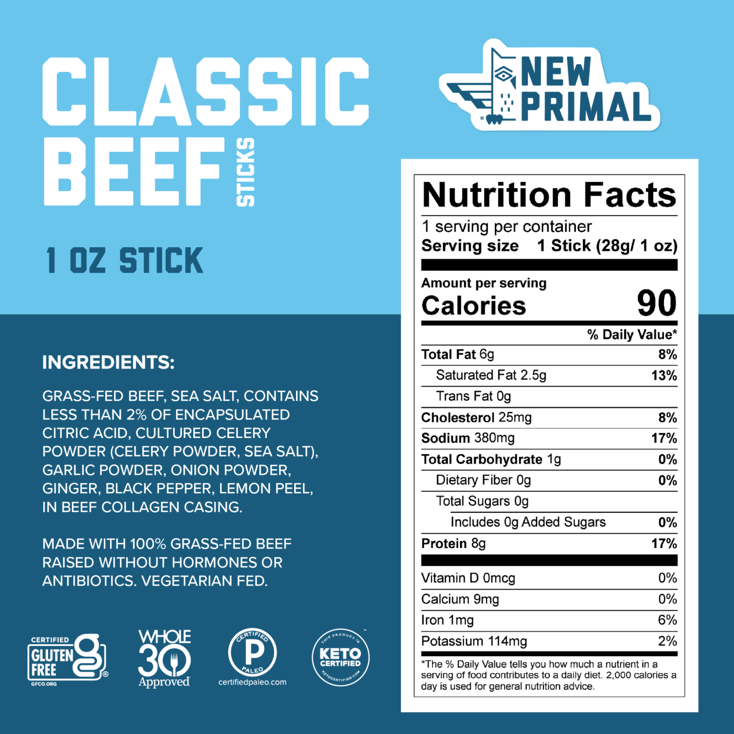 slide 3 of 3, The New Primal Zero Sugar Classic Beef Stick 1 oz, 1 oz