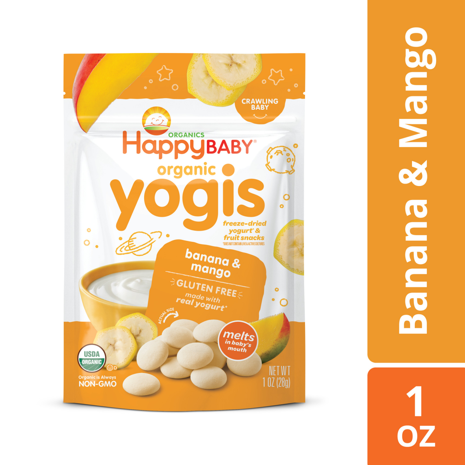 slide 2 of 8, Happy Baby Organics Organic Yogis Freeze-Dried Yogurt & Fruit Snacks Banana Mango 1 oz UNIT, 1 oz