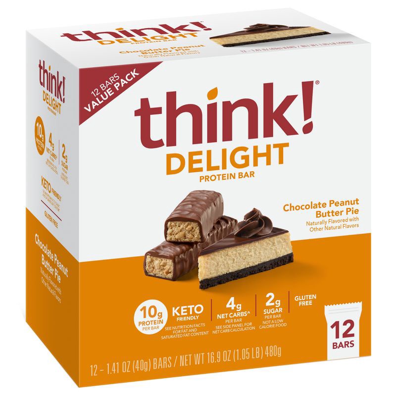 slide 1 of 11, think! Protein Bars Chocolate Peanut Butter Pie - 10g Protein - 16.9oz/12ct: Keto Certified, Gluten-Free, No Artificial Sweeteners, 10 gram, 16.9 oz, 12 ct