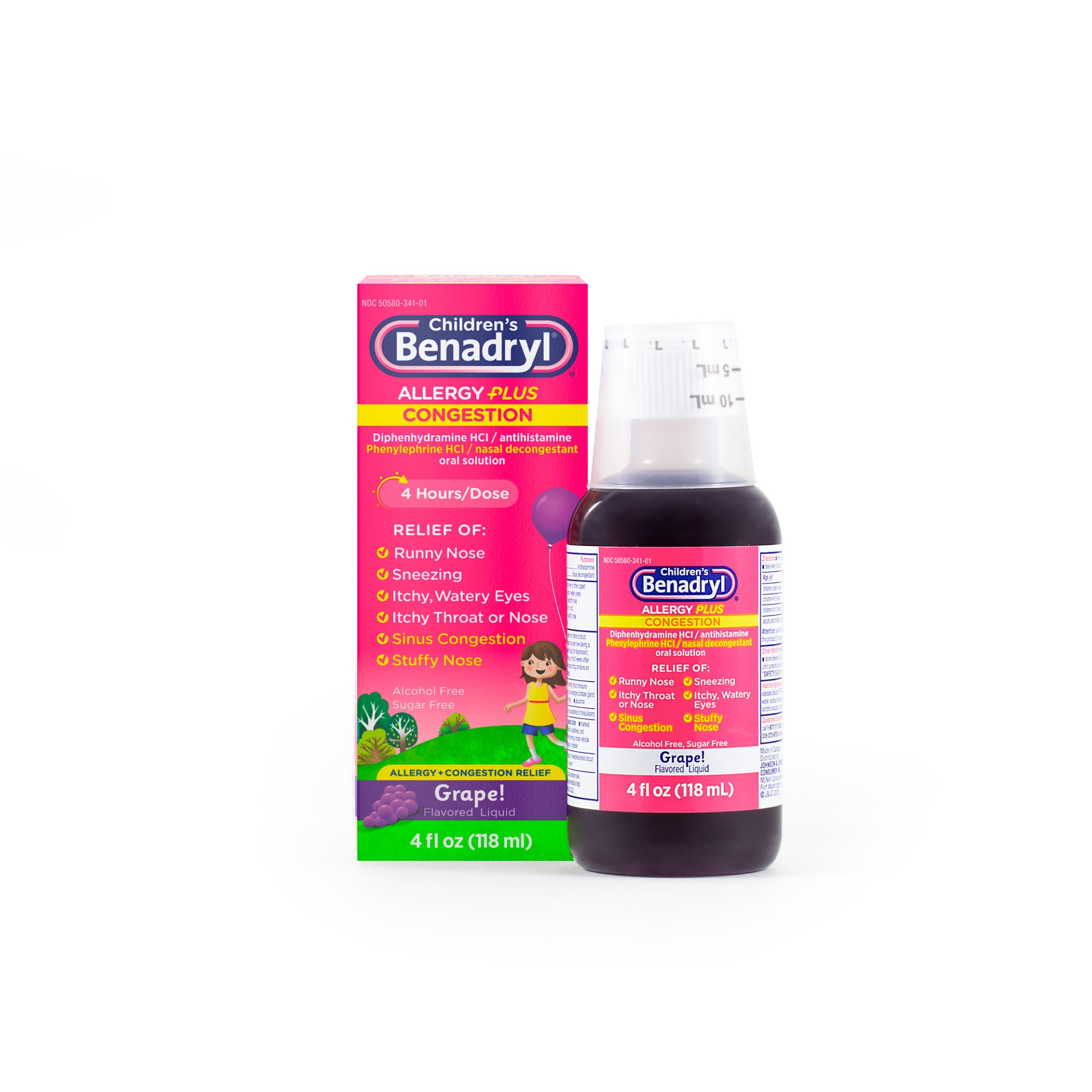 slide 1 of 5, Children's Benadryl Allergy Plus Congestion Liquid Allergy Medicine with Diphenhydramine HCl Antihistamine & Phenylephrine HCl Nasal Decongestant, Alcohol- & Sugar-Free, Grape, 4 fl oz