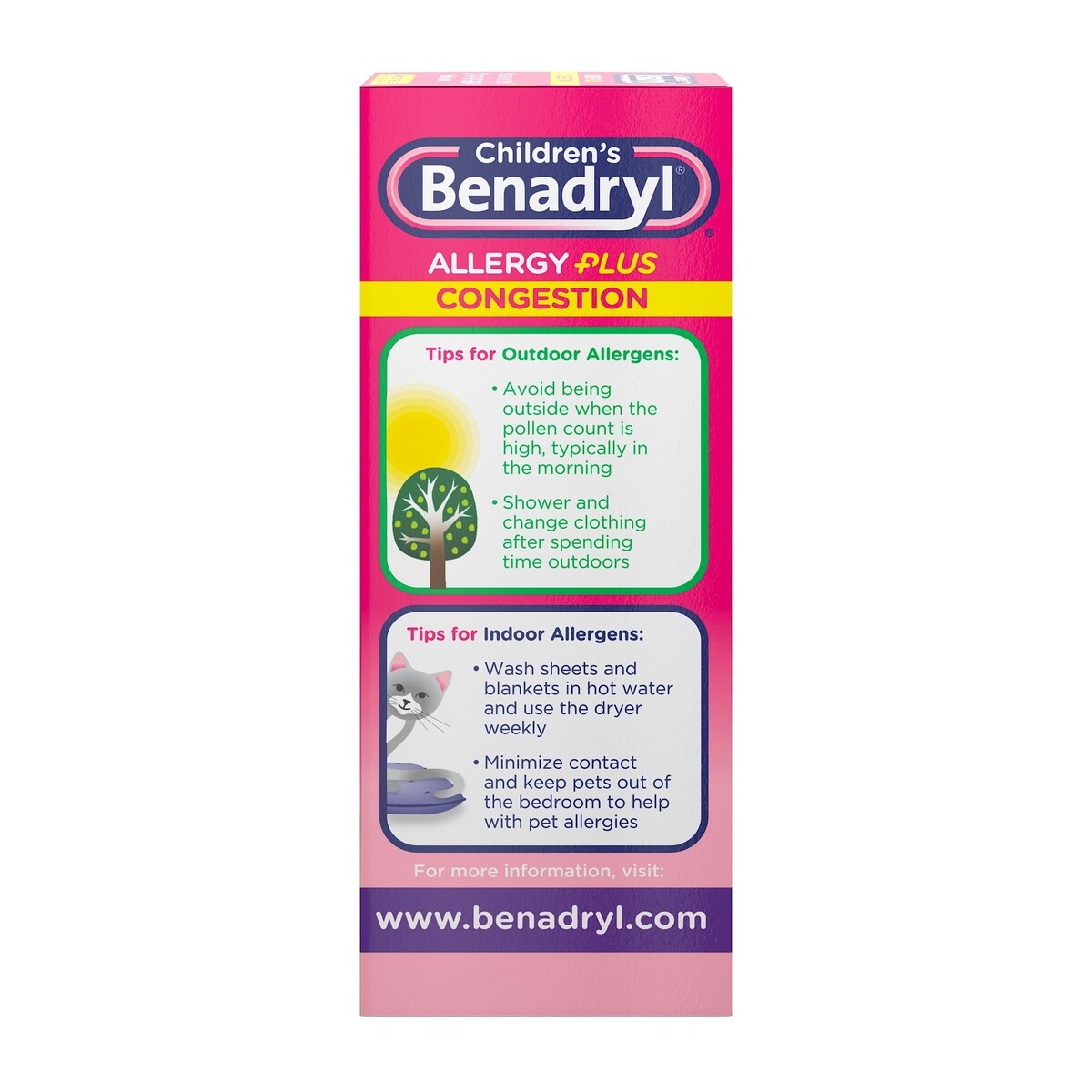 slide 3 of 5, Children's Benadryl Allergy Plus Congestion Liquid Allergy Medicine with Diphenhydramine HCl Antihistamine & Phenylephrine HCl Nasal Decongestant, Alcohol- & Sugar-Free, Grape, 4 fl oz