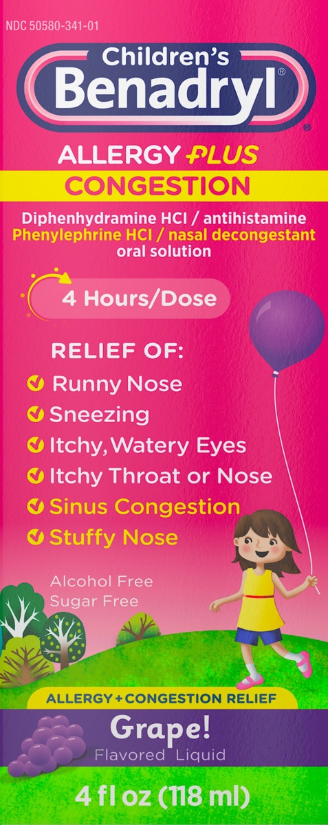 slide 4 of 5, Children's Benadryl Allergy Plus Congestion Liquid Allergy Medicine with Diphenhydramine HCl Antihistamine & Phenylephrine HCl Nasal Decongestant, Alcohol- & Sugar-Free, Grape, 4 fl oz