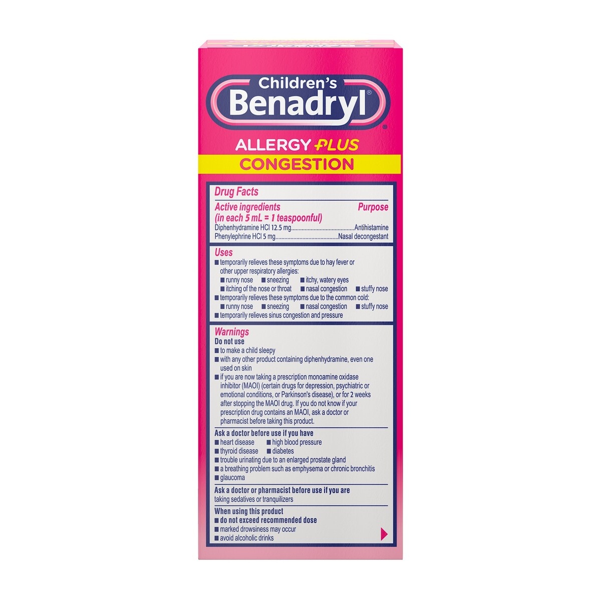 slide 5 of 5, Children's Benadryl Allergy Plus Congestion Liquid Allergy Medicine with Diphenhydramine HCl Antihistamine & Phenylephrine HCl Nasal Decongestant, Alcohol- & Sugar-Free, Grape, 4 fl oz