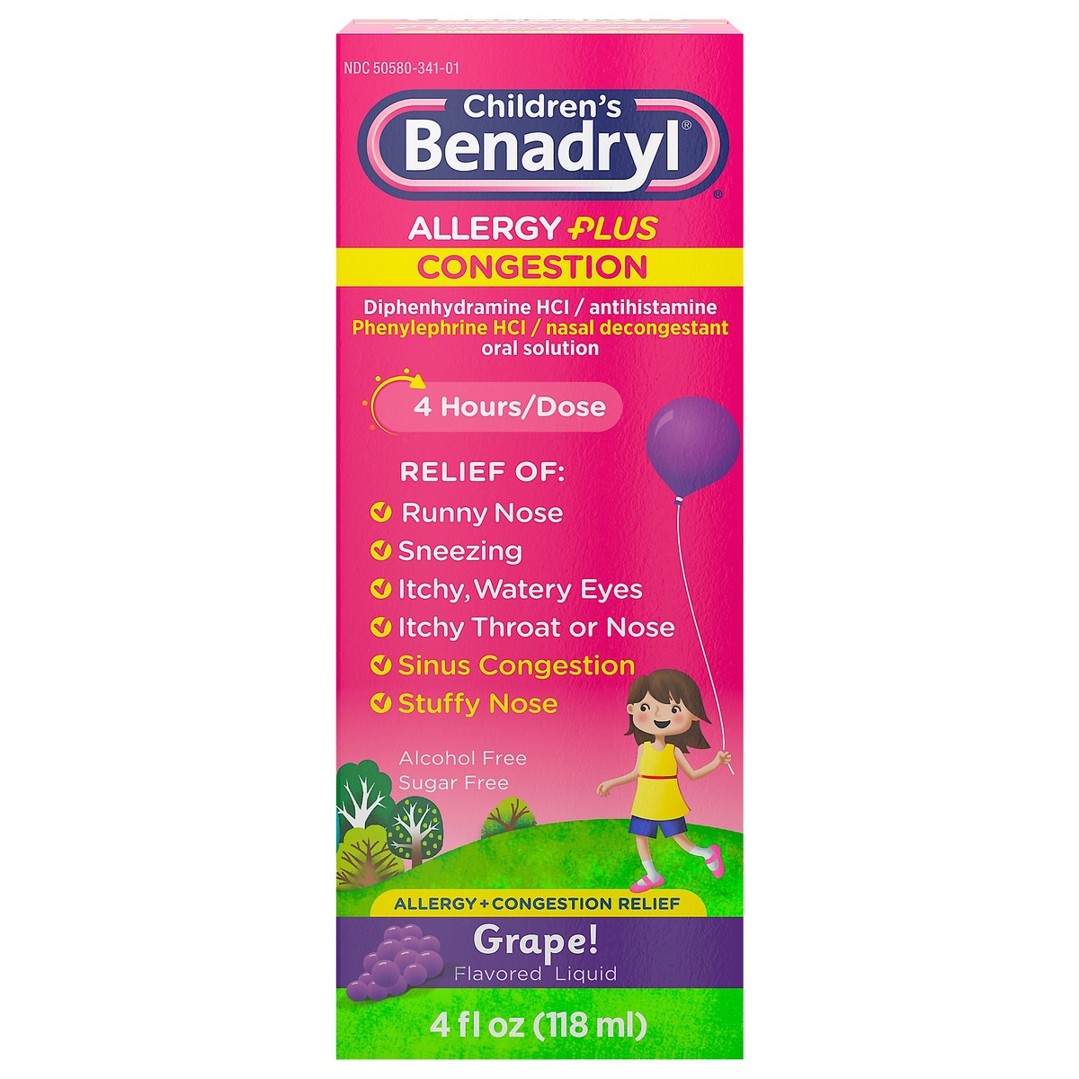 slide 1 of 8, Benadryl Children's Benadryl Allergy Plus Congestion Liquid, 4 Fl. Oz, 4 fl oz