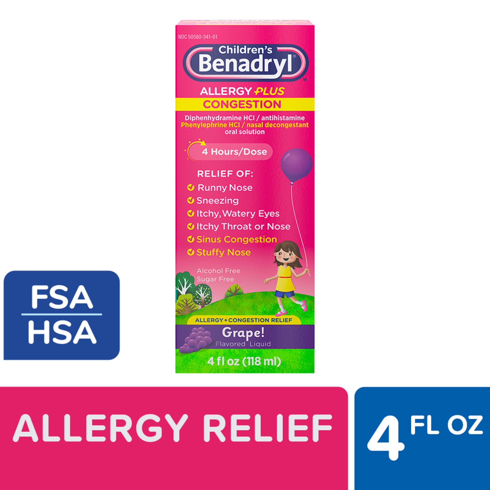 slide 1 of 8, Benadryl Allergy Plus Congestion Relief Liquid Medicine with Diphenhydramine HCl Antihistamine & Phenylephrine HCl Nasal Decongestant, Alcohol- & Sugar-Free, Grape, 4 fl. oz, 4 fl oz