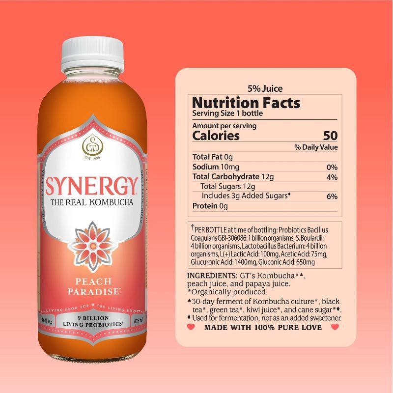 slide 5 of 8, GT's Synergy The Real Kombucha, Peach Paradise – 16 fl oz, 16 fl oz