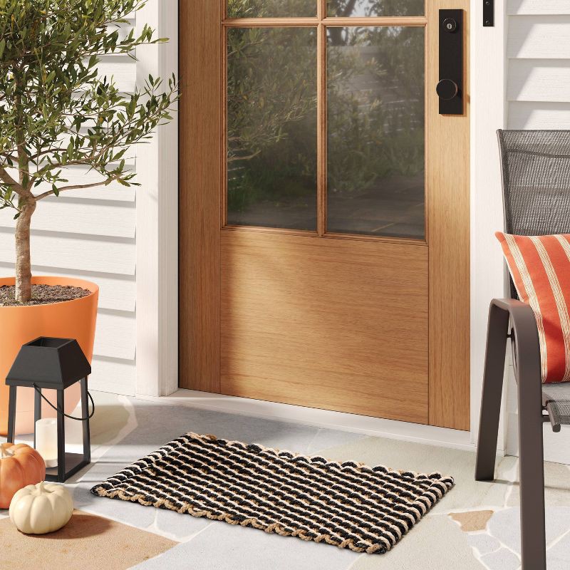slide 2 of 4, 1'6"x2'6" Rope Braided Basket Weave Doormat Black/Brown/Cream - Threshold™: Outdoor Front Door Mat, High Pile, 1 ct