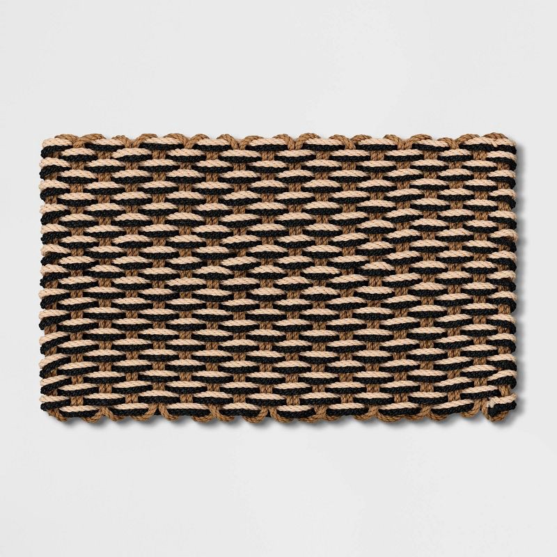 slide 1 of 4, 1'6"x2'6" Rope Braided Basket Weave Doormat Black/Brown/Cream - Threshold™: Outdoor Front Door Mat, High Pile, 1 ct