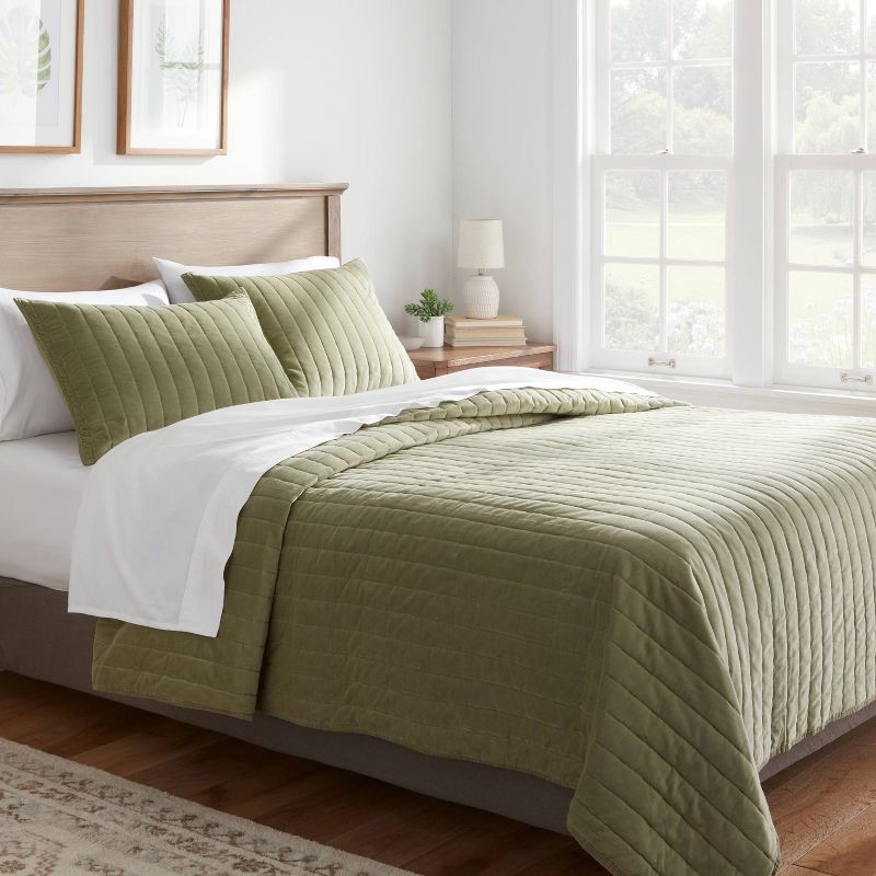 slide 2 of 4, King Channel Stitch Velvet Quilt Green - Threshold™: Cotton Backing, Year Round Comfort, Machine Washable, 1 ct