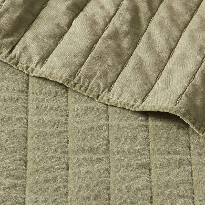 slide 4 of 4, King Channel Stitch Velvet Quilt Green - Threshold™: Cotton Backing, Year Round Comfort, Machine Washable, 1 ct