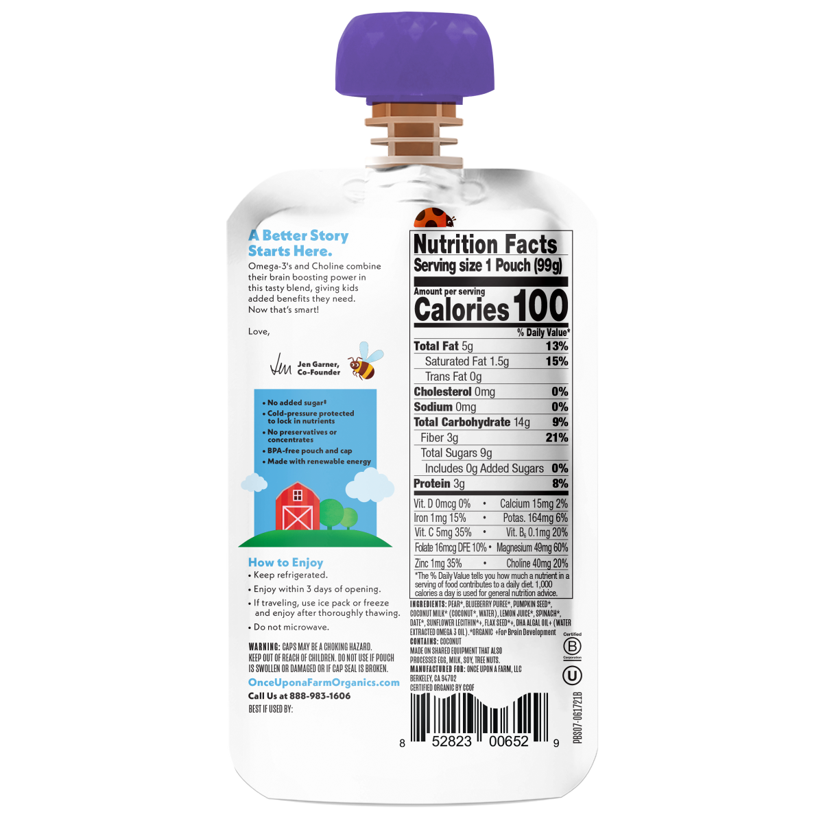 slide 2 of 2, Once Upon a Farm Smart Blend Pear-y Blueberry & Spinach Pouch, 3.2oz, 3.2 oz