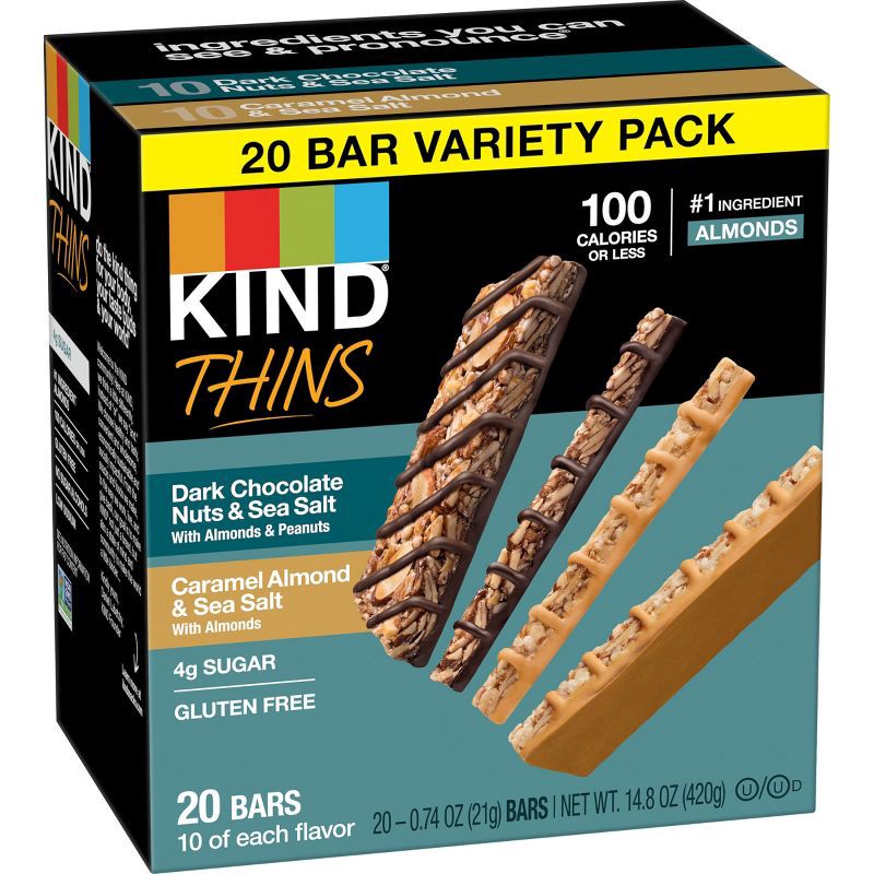slide 3 of 5, KIND Thins Dark Chocolate Nuts and Sea Salt & Caramel Almond and Sea Salt Bars Variety Pack – 14.8oz/20ct, 14.8 oz, 20 ct