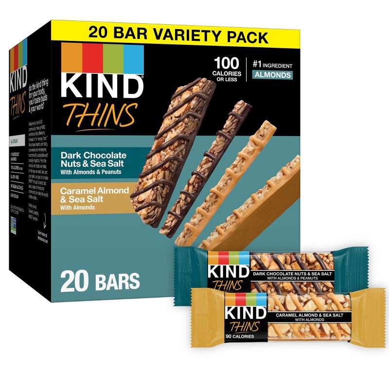 slide 1 of 5, KIND Thins Dark Chocolate Nuts and Sea Salt & Caramel Almond and Sea Salt Bars Variety Pack – 14.8oz/20ct, 14.8 oz, 20 ct