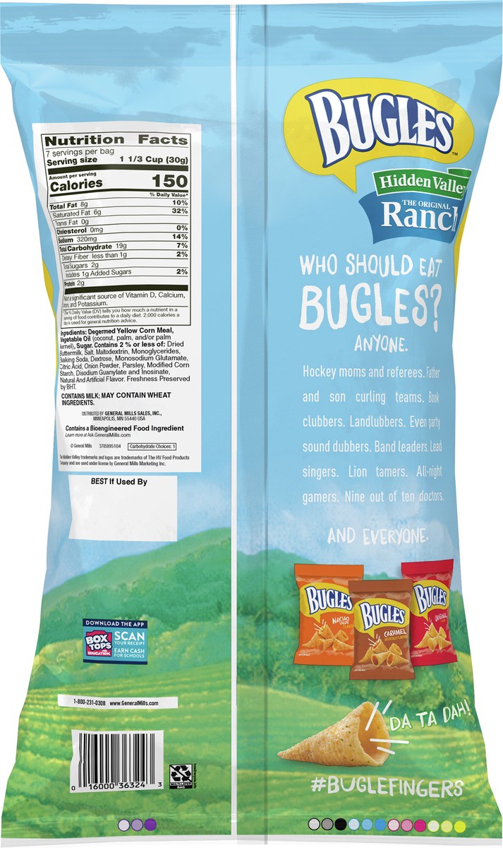 slide 5 of 9, Bugles Crispy Corn Snacks, Hidden Valley Ranch Flavor, Snack Bag, 7.5 oz, 7.5 oz