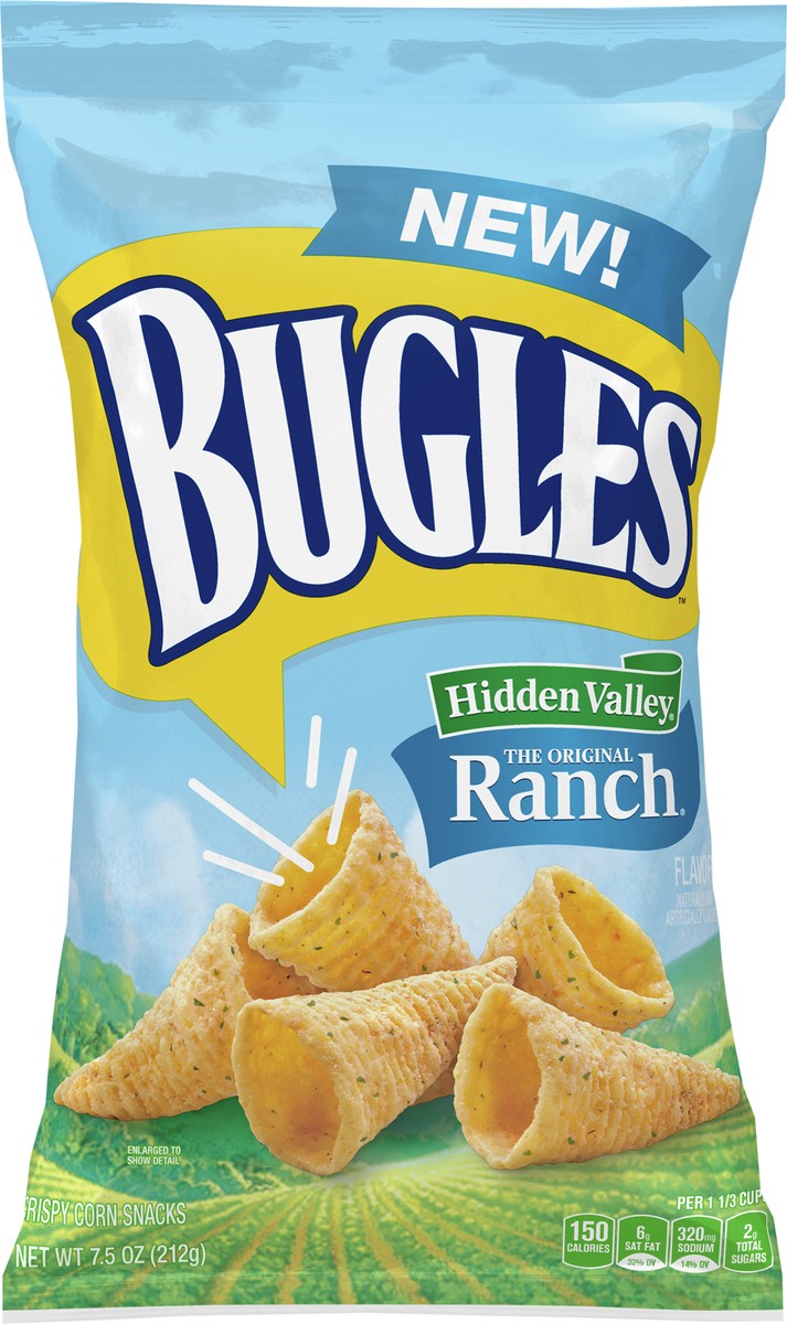 slide 6 of 9, Bugles Crispy Corn Snacks, Hidden Valley Ranch Flavor, Snack Bag, 7.5 oz, 7.5 oz