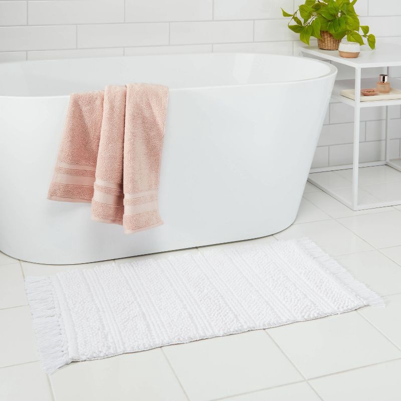 slide 2 of 4, 20"x32" Knit Striped Chenille Bath Rug Fringe White - Threshold™: Cotton, Woven, OEKO-TEX Certified Bath Mat, 1 ct